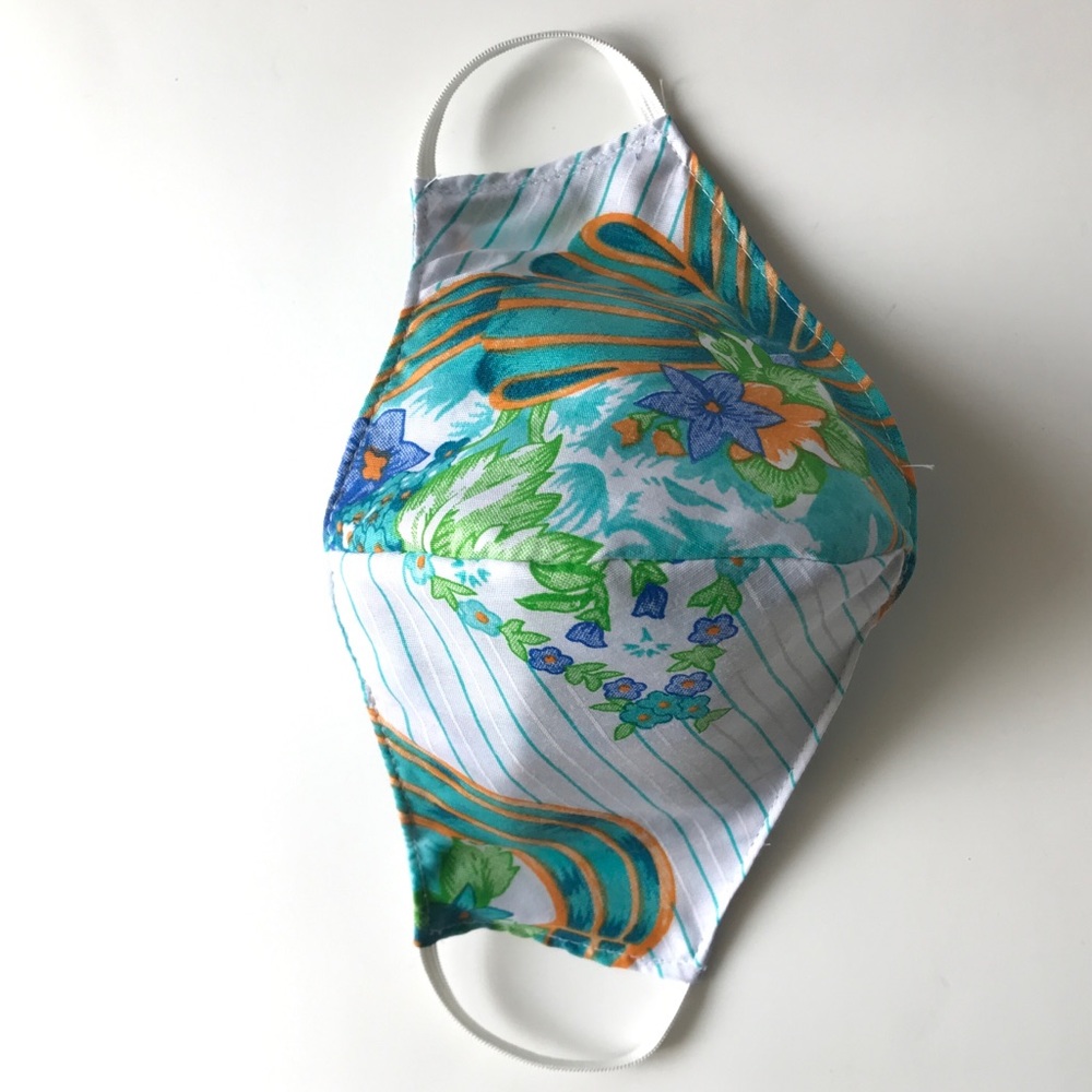 White and Blue and Green Floral Fabric Face Cover